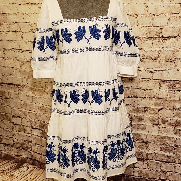 Unknown Dresses & Skirts - Mexican Dress White Cotton Blue Embroidery Peasant